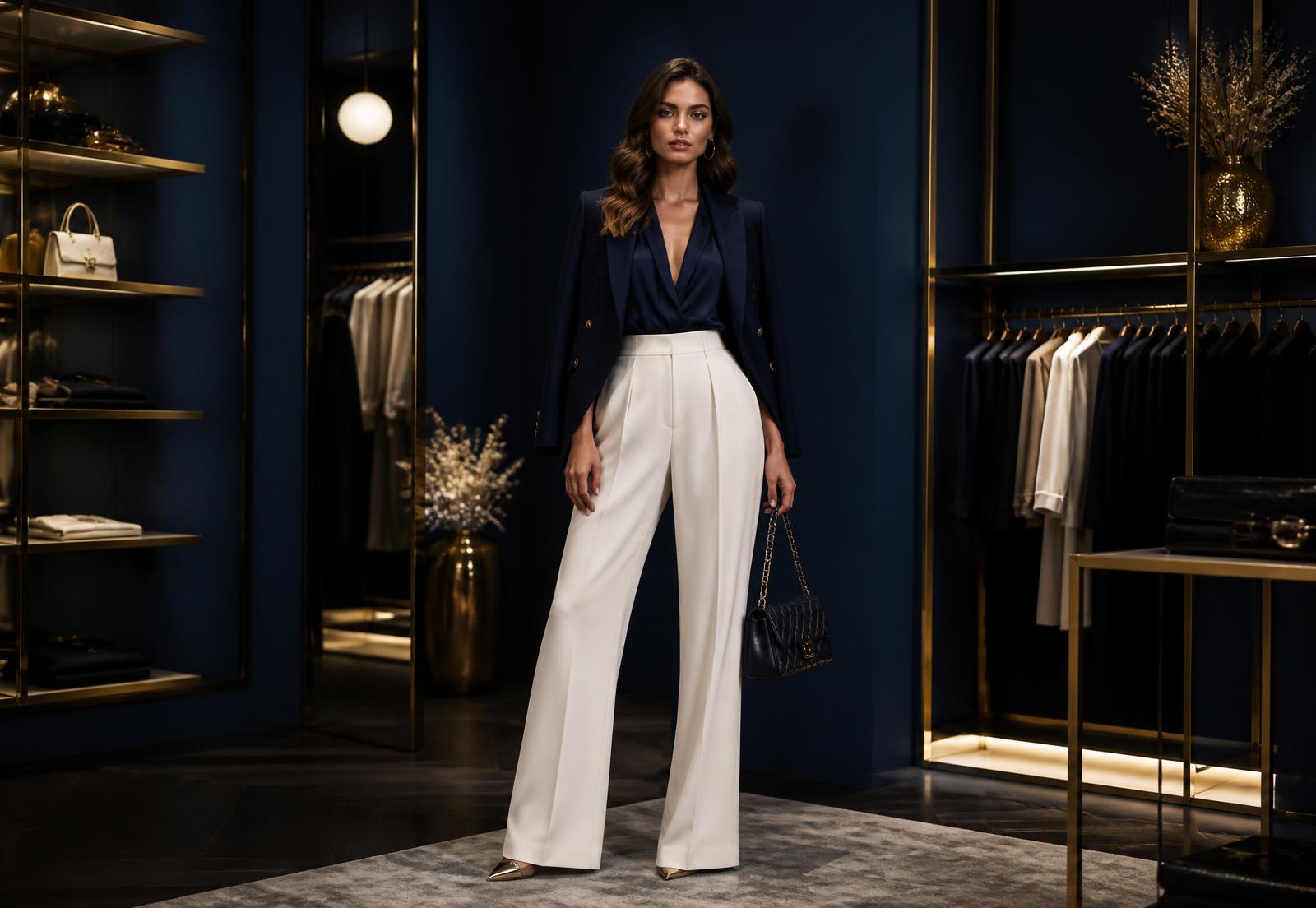 Mujer con outfit elegante en una boutique de lujo